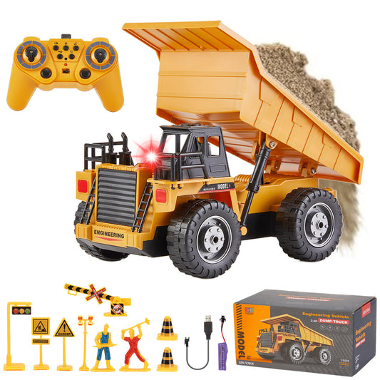 Zacro Remote Control Dump Truck, 2.4G RC Construction Vehicles Toy with Metal Bed Lights/Sounds, 11 Channel Electric Truck Toy Gift for Boys Kids
