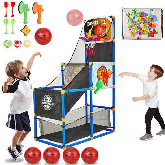 Petbank Basketball Hoop Arcade Game for Kids, 2 in 1 Sports Indoor Outdoor Basketball Game Toys, Basketball Hoop Set with 4 Balls & Inflatable Balls Pump &Sticky Balls, for Boys and Girls