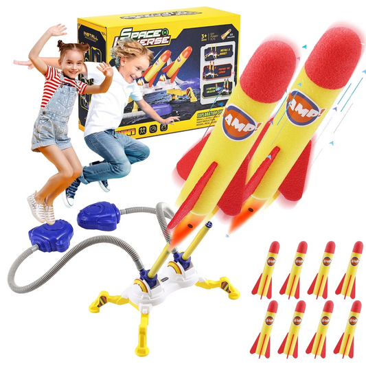 Anpro Toy Rocket Launcher Set for Kids, Rocket Outdoor Toys with 8 Rockets + 2 Launcher Soars 100 ft for Boys or Girls Age 3+ Years Old Christmas Gift, Yellow