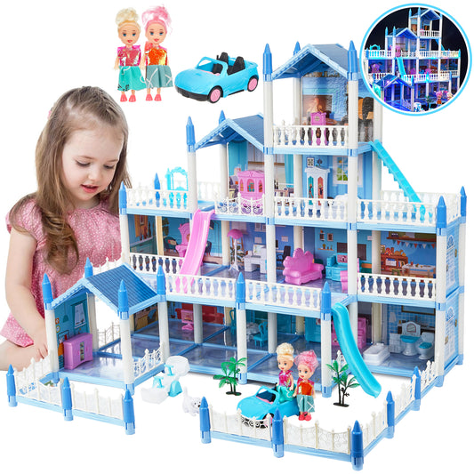 Dollhouse for Girls, 14 Rooms Pretend Play Toddler Dollhouse Playset with Colorful Light, Furniture & Accessories, Gifts for Girls Aged 3 4 5 6 7 8 Years Old