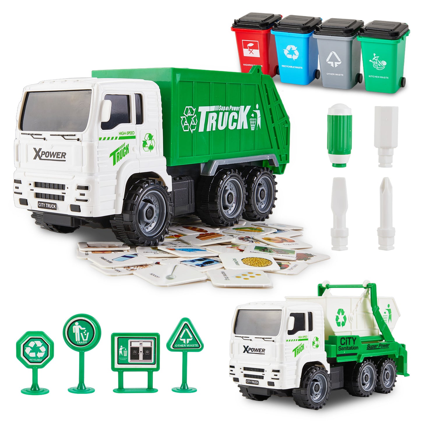 Gleamkid Garbage Truck Toys, Friction Powered Trash Truck Toy with 2 Interchangeable carriages, 4 Trash Bins, Educational Trash Truck Toy Vehicle for Boys Girls