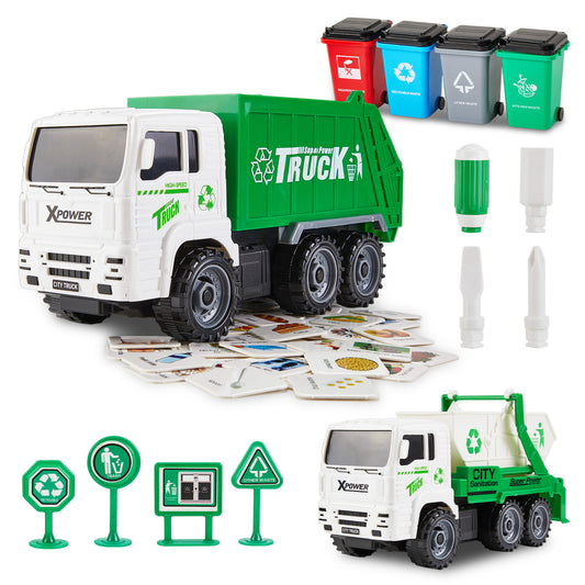 Gleamkid Garbage Truck Toys, Friction Powered Trash Truck Toy with 2 Interchangeable carriages, 4 Trash Bins, Educational Trash Truck Toy Vehicle for Boys Girls
