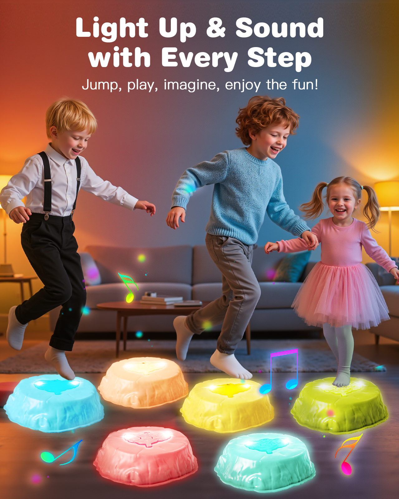 Gleamkid Musical Light-up Stepping Stones for Kids, 6pcs Pcs Non-Slip Balance Stepping Stones with Rainbow Spinner Game, Indoor Outdoor Sensory Toy Gifts for Toddlers Boys Girls Ages 3+