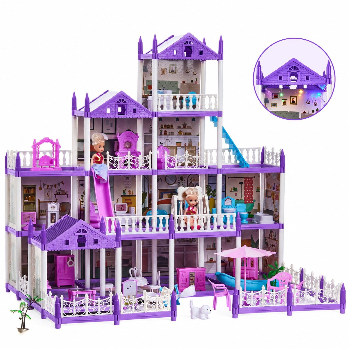 Zacro Dollhouse Pretend Play Set, 4 Story 12 Rooms Dollhouse with Doll Toy Figure, Furniture and Accessories, Play Dollhouse Gift Toys for Girls Kids Ages 3 & Up