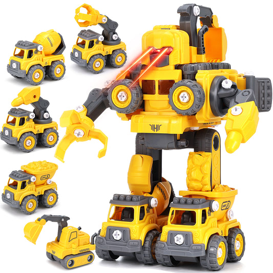 Toddler Robot Construction Vehicles Set, 5 in 1 Construction Car Toy & Transforming Robots for Kids DIY Assembly STEM Educational Toys for 3 4 5 6 7 Year Old Boys Gifts