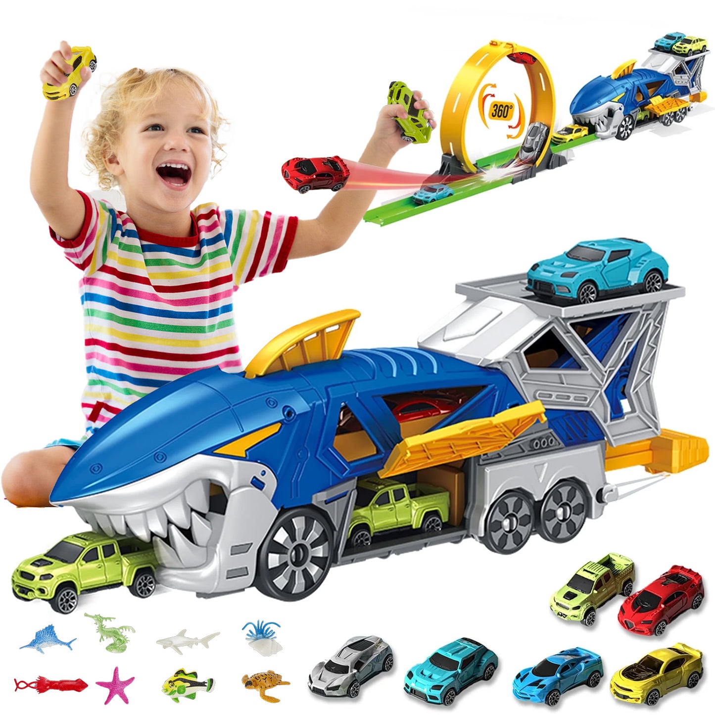 Lictin Shark Race Car Track Set for Kids, Race Track Toys with Carrier Truck, Loop Track & Launcher, 6 pcs High Speed Race Cars, Shark Parking Lot Toys for Boys Aged 3 4 5 6 7 Years Old