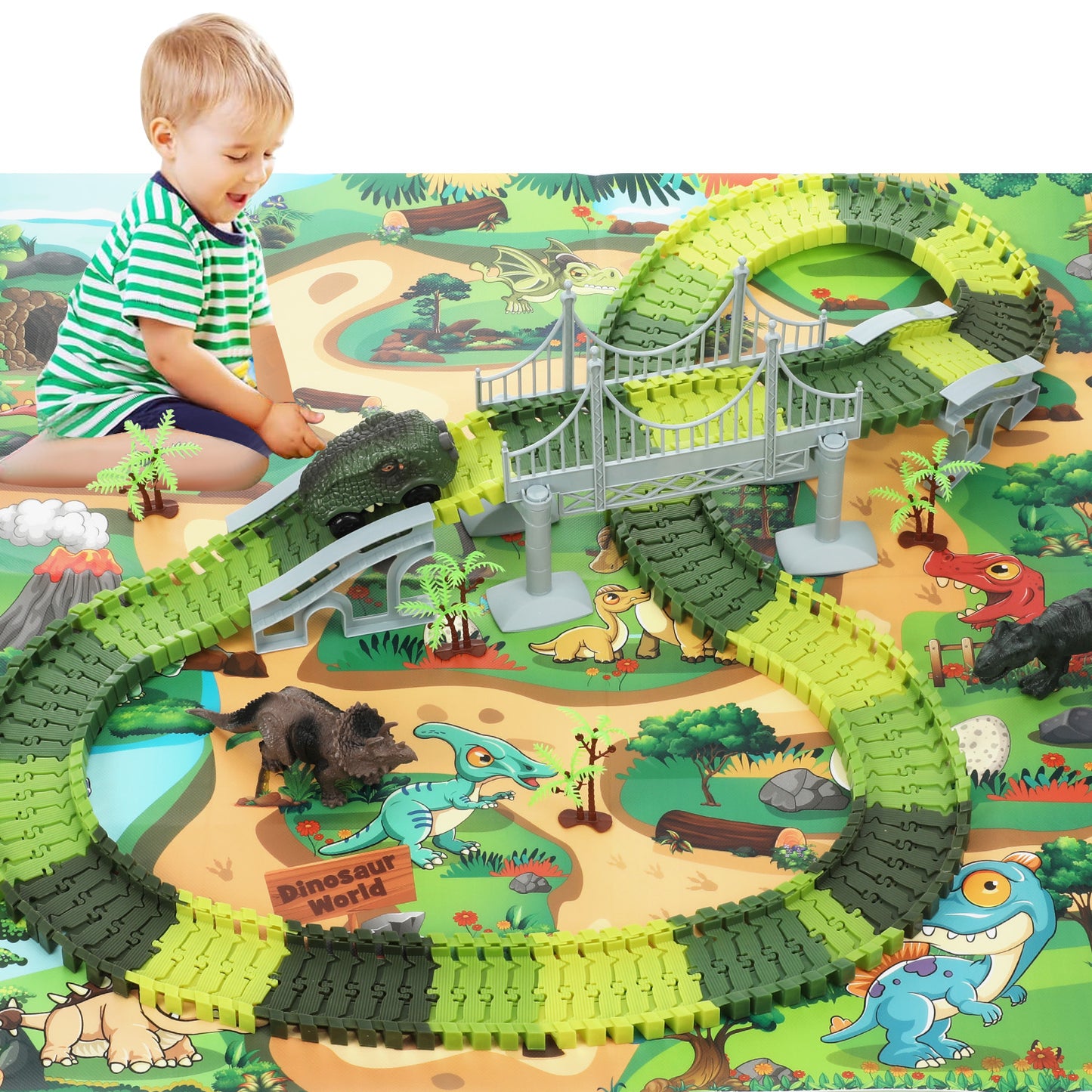 Anpro 193PCS Dinosaur Toys Race Car Track Set with Dino Car, Dinosaur World Flexible Track Playset with Map for Toddlers Boys Girls Age 3+