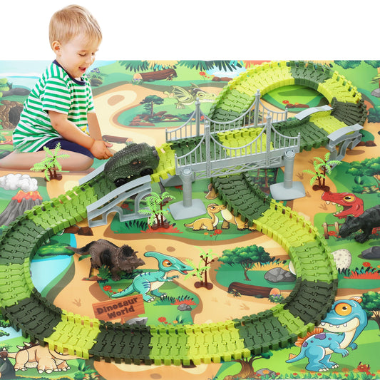 Anpro 193PCS Dinosaur Toys Race Car Track Set with Dino Car, Dinosaur World Flexible Track Playset with Map for Toddlers Boys Girls Age 3+