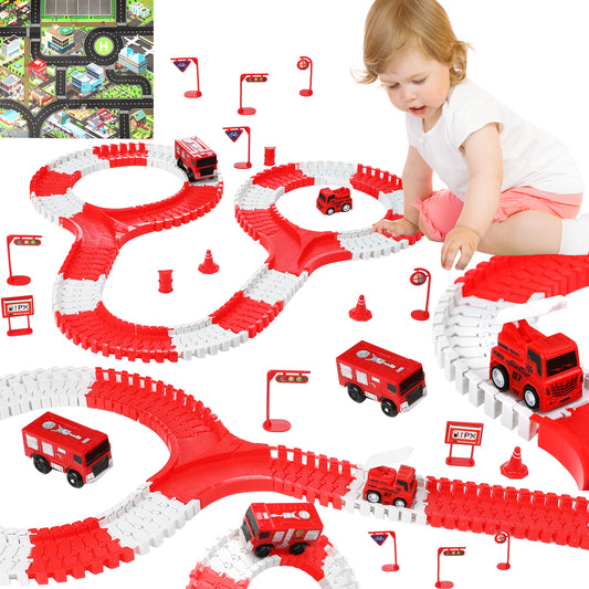 Anpro 152PCS Toy Race Car Track Set for Kids, Flexible Track Playset with 2 Fire Rescue Car for Age 3+ Boys Girls - Firefighting Theme, Red