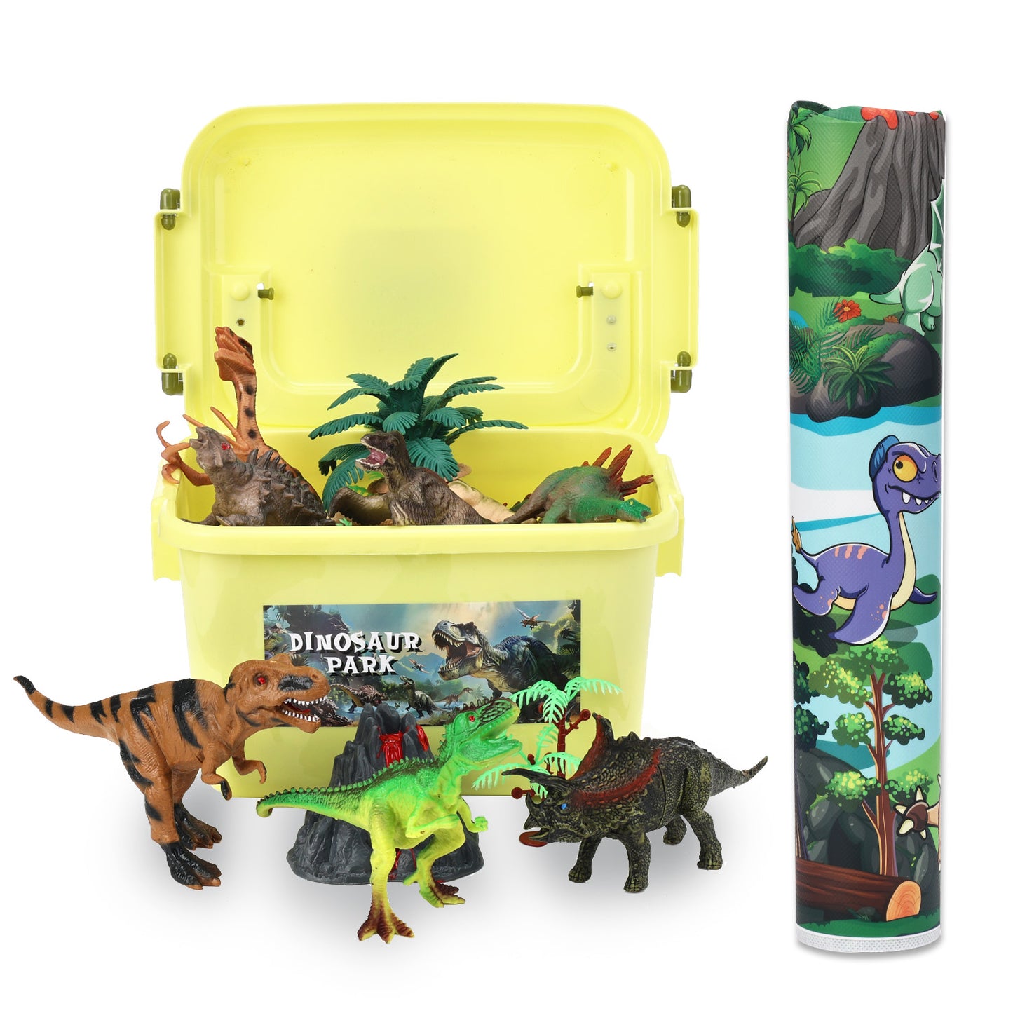 Anpro Dinosaur Toys for Kids, 43PCS Dinosaur Play Set with Play Mat, Trees, Rocks, Container, Perfect Dino World Party Favors for Age 3+ Toddlers Kids Boys Girls