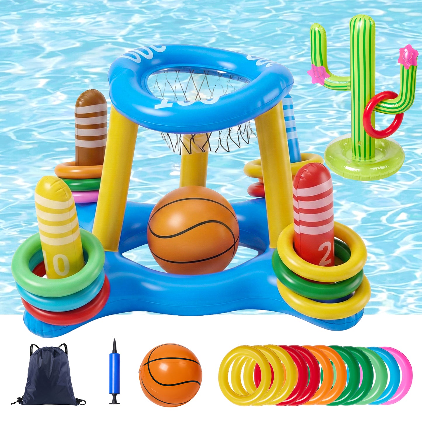 Pool Toys Games Set,Pool Basketball Hoop Inflatable Cross Ring Toss Game and Inflatable Cactus Kids for Teens Adults and Family (3 Set Water Toys)