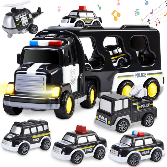 Petbank Carrier Vehicle Toy Set, 6 in 1 Police Truck Toy with 4 Small Cars and 1 Helicopter, Toddler Firction Powered Police Car for Age 3+, Car Trucks Playset for Boys and Girls, Black