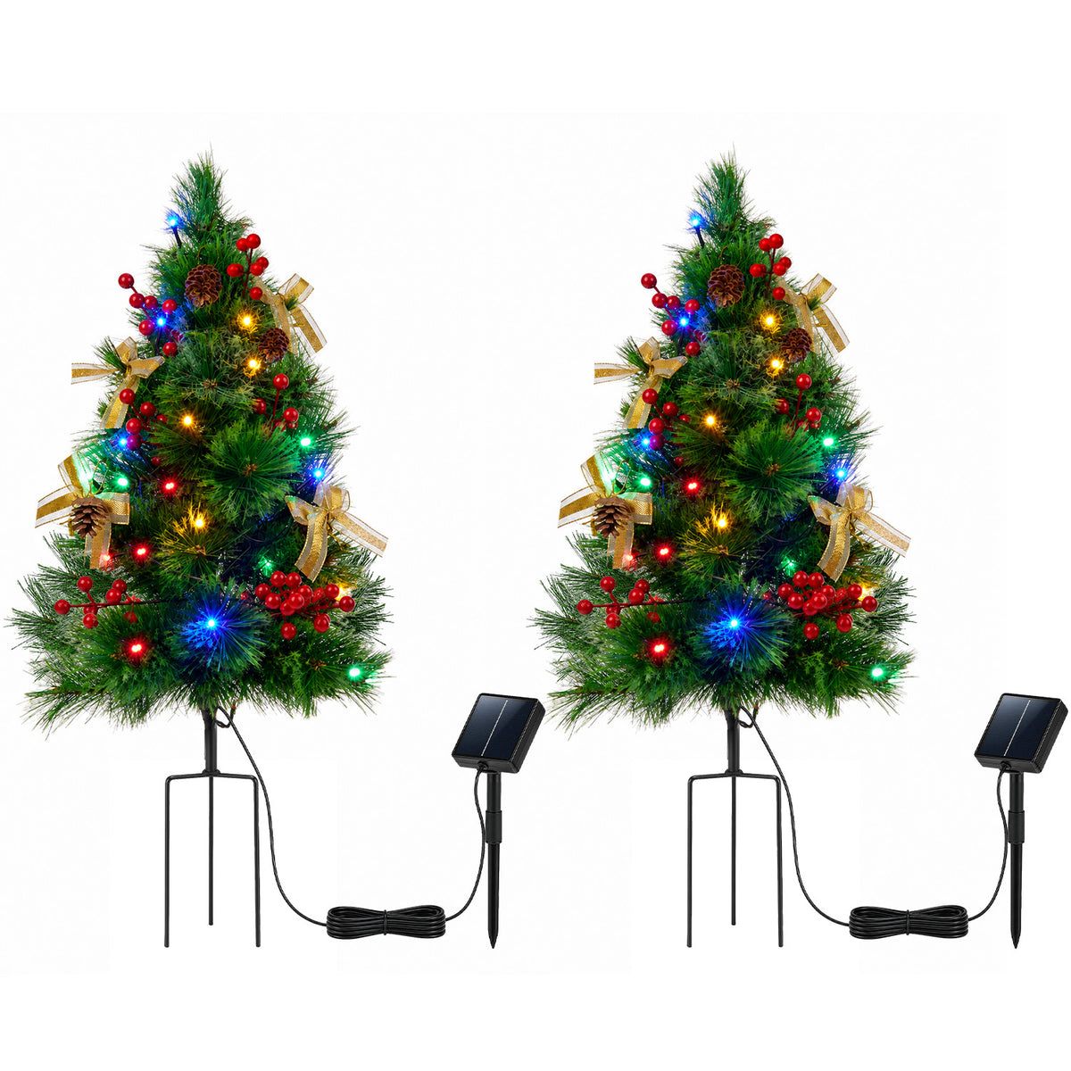 Lictin 2 Pack 30 Inch Solar Christmas Trees, Pre-Lit Artificial Christmas Trees with 60 LED Lights, 8 Modes and 26 Ornaments, Waterproof Outdoor Holiday Decorations for Yard, Porch & Garden