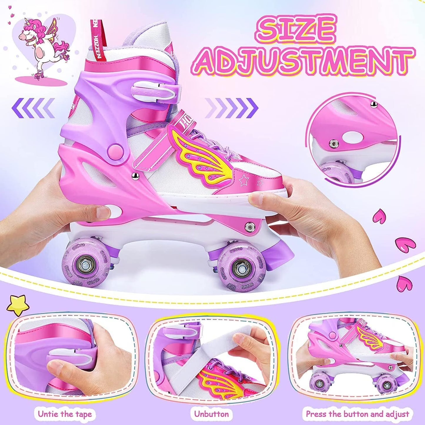 Hozzen Kids Roller Skates for Girls, 4 Sizes Adjustable LED Light Up Girl Roller Skates for Toddlers, Unicorn Pink Shiny Illuminating Wheels Skates, Size M (12C-2Y)