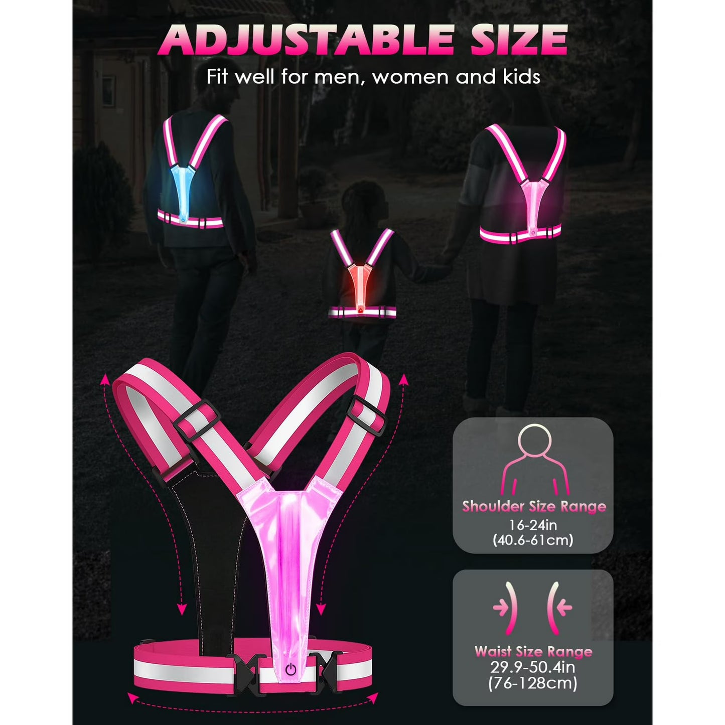 Zacro LED Reflective Vest Running Gear, 5 Colors Light Up Running Vest for Walking Running Cycling, Rechargeable & Adjustable High Visibility Reflective Running Gear for Women Men Kids, Pink