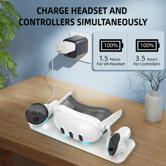 Charging Dock for Meta Quest 3, Fast Charging Magnetic Stand for VR Oculus Quest 3, with LED Light, with 2 Rechargeable 1200mAh Batteries, White