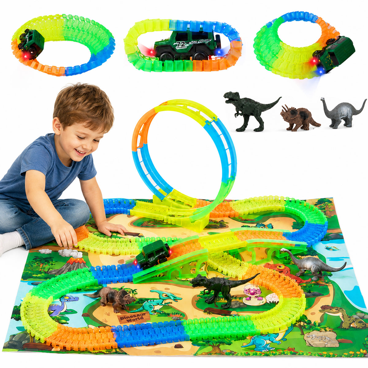 Lictin Dinosaur Race Track Toys for Kids, 246PCS Glowing Flexible Race Car Track Set with with Light-Up Car, 3 Dinosaur Figures & Play Map, Birthday Gift for Boys & Girls Ages 3+