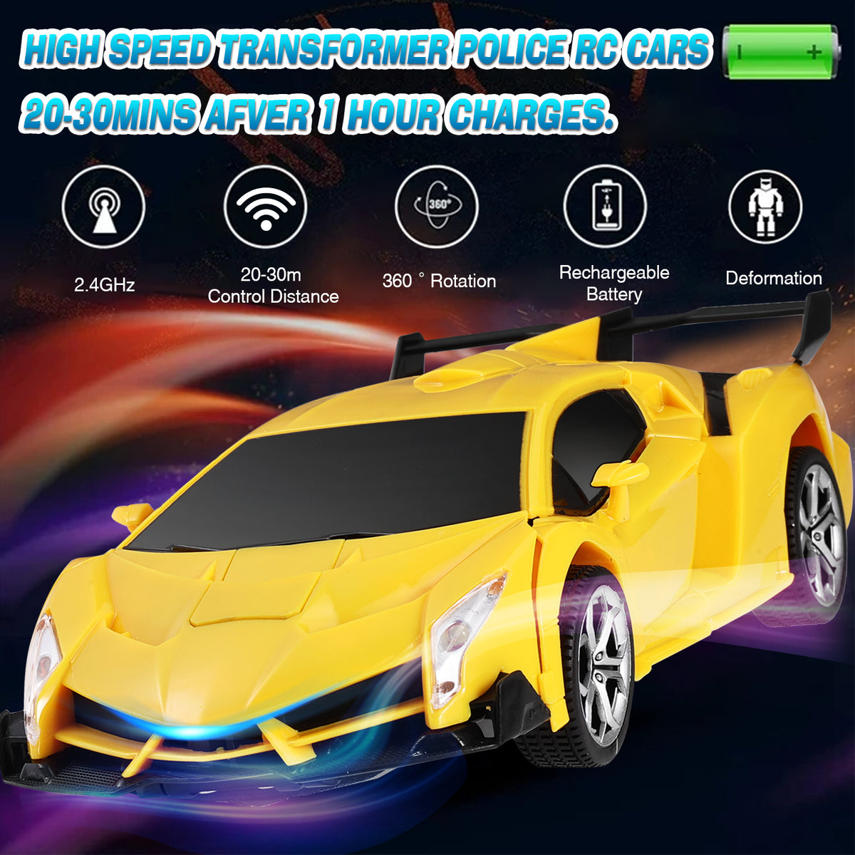 Zacro Transform RC Car Toys, 2.4Ghz 1:18 Scale Remote Control Car Transforming Robot, One-Button Deformation 360 Rotation Drifting Car Transform Toys Gift, Yellow