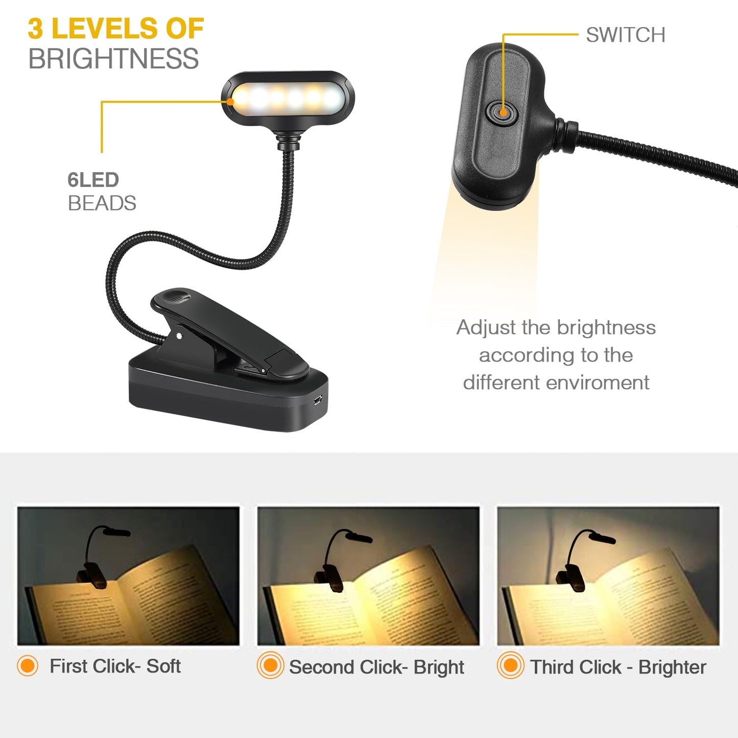 Anpro Rechargeable Book Light 6 LED, 3 Brightness Levels Lighting & 3 Color Temperatures, up to 40 Hours Reading, Lightweight Clip on Reading Lights for Books in Bed