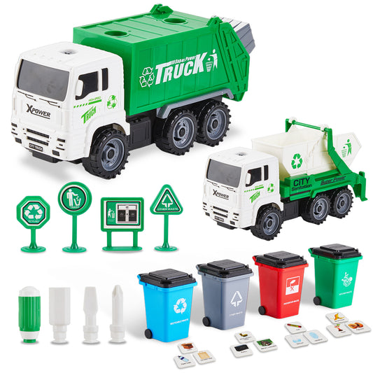 Petbank Recycling Garbage Truck Toy, Friction-Powered Toy Garbage Truck with 2 Interchangeable carriages, 4 Trash Cans, 3 Replaceable Screwdrivers, 108 PCS Garbage Classification Cards, Green