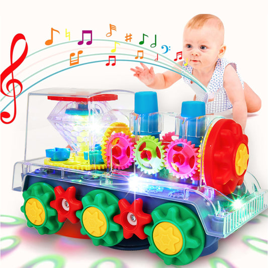 Zacro Transparent Electric Gear Train Toy, 360 Rotating Toy Train with Flashing Lights and Music, Bump and Go Train Toys for Toddler Boys Girls