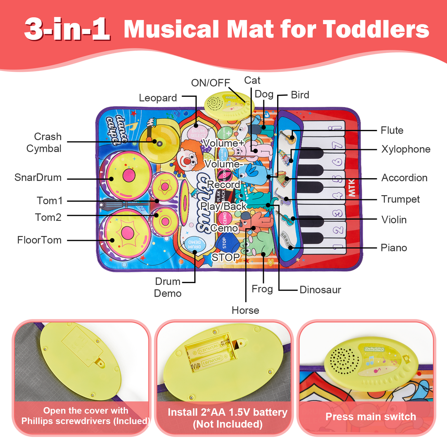 Zacro Piano Mat for Baby, 3-in-1 Keyboard & Drum Musical Mat with 2 Drum Sticks, Toddler Dance Mat Toy Gifts for Girls Boys Ages 1 2 3 4, Purple