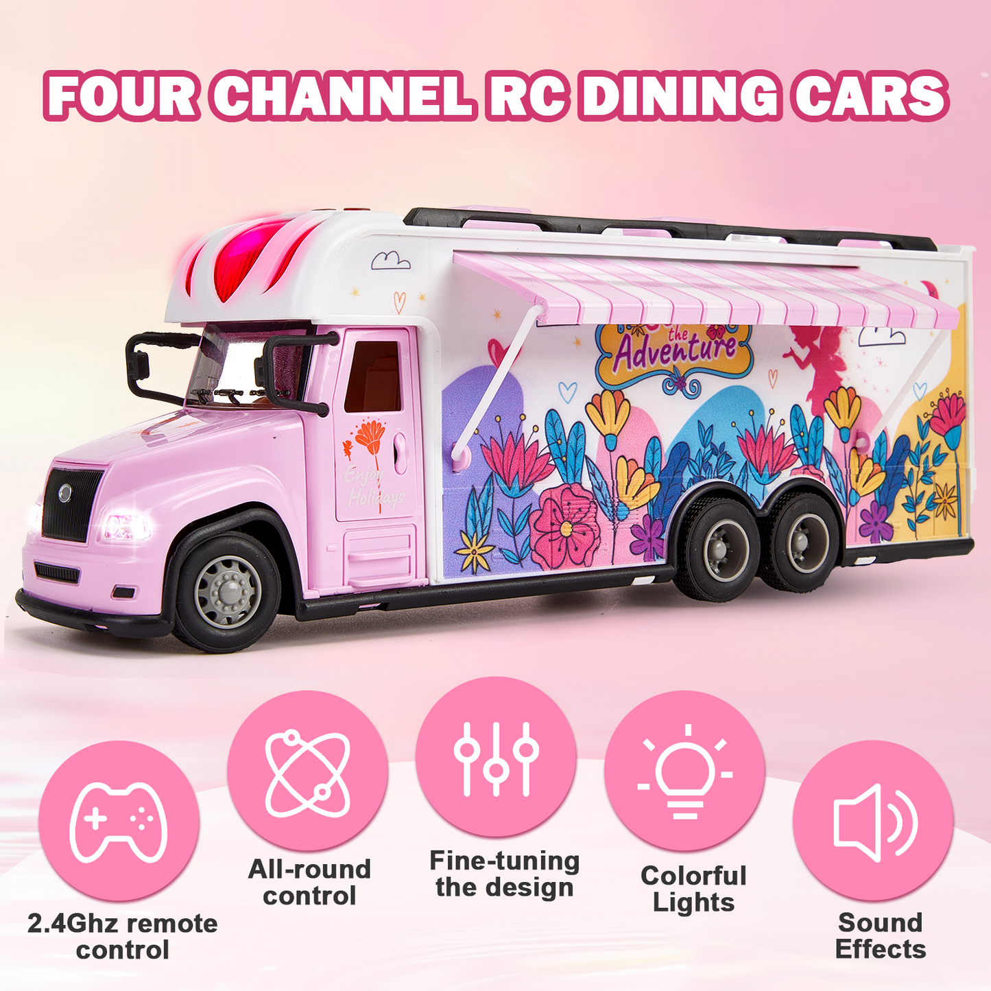 Petbank Ice Cream truck toy, 2.4Ghz Pink RC Car Car with Music, Lights, and Mini Camping Furniture, Pretend Play Dining Food Car Set, Gifts for Girls Aged 3-8, Pink