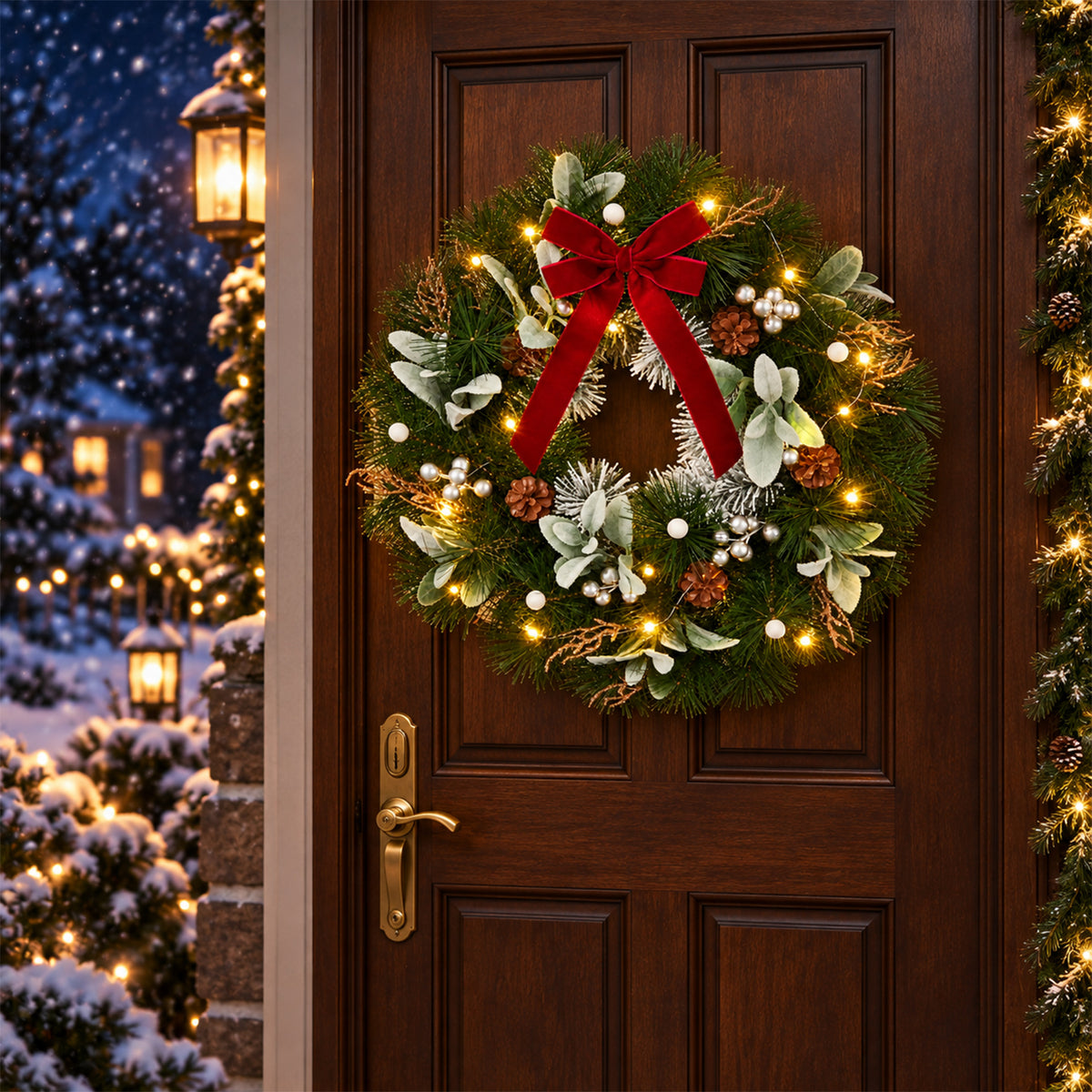 20in Christmas Wreath with Red Bow, LED Lights, for Front Door Indoor Outdoor Holiday Christmas Party Decorations