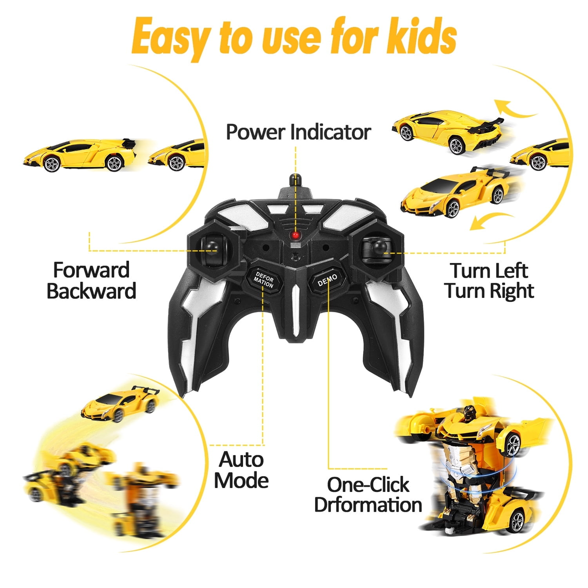 Petbank RC Transform Car Toy, 2.4Ghz Remote Control Transform Car Robot Toy, 1:18 Scale One-Button Deformation Race Car Toys for Boys Girls Ages 4-12, Yellow