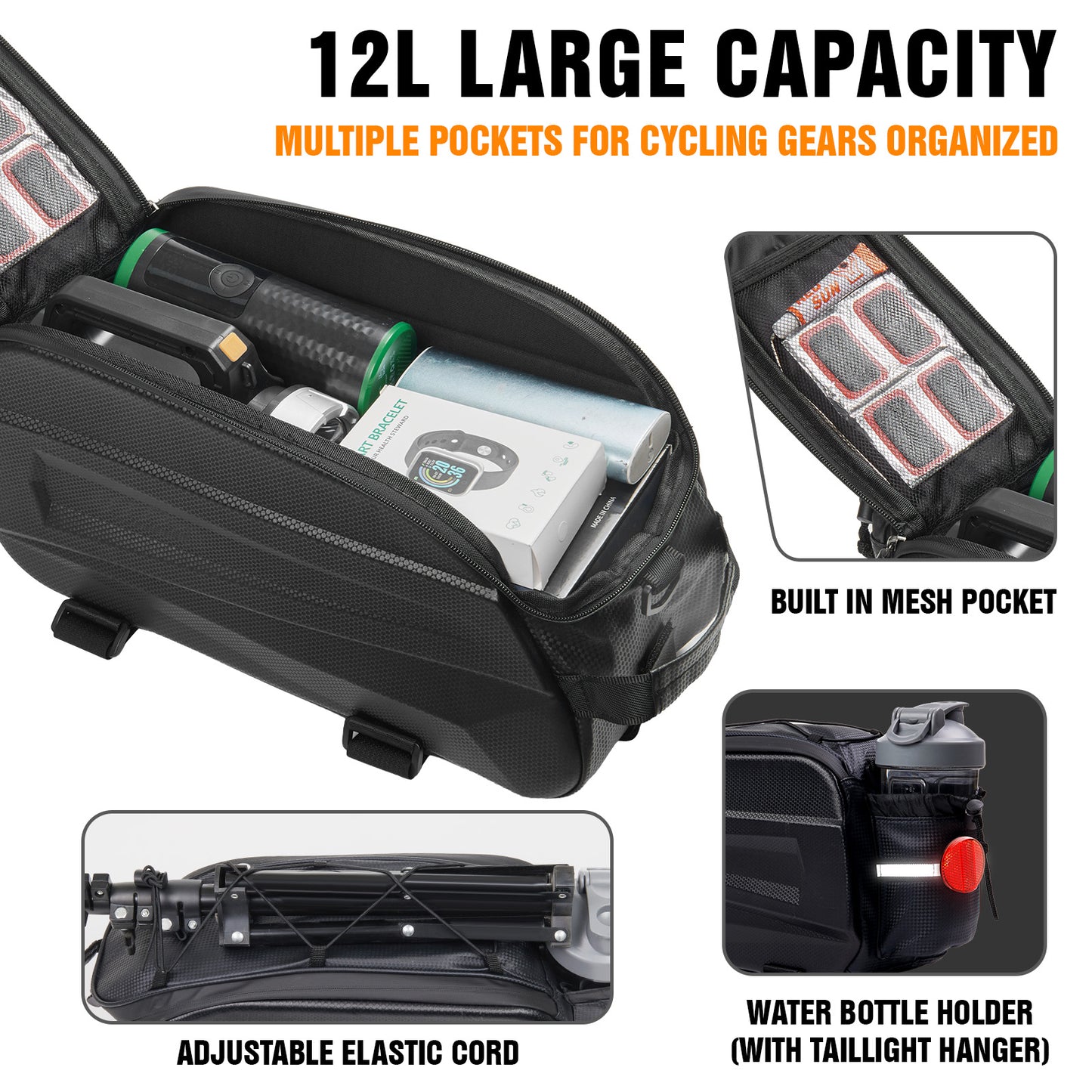 Lictin Bike Bags for Rear Racks, 12L Hard Shell Waterproof Bike Bag with Reflector, Rain Cover & Shoulder Strap, Bicycles Ebike Trunk Pannier Saddle Seat Bag Carrier, Black