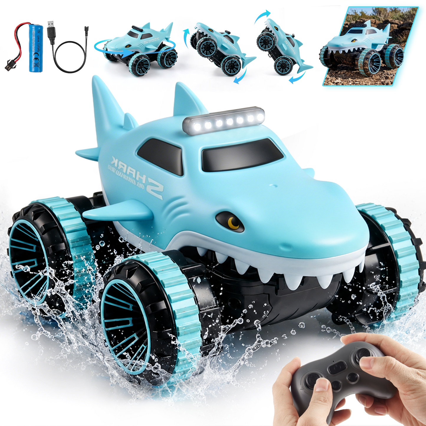 Zacro Amphibious Remote Control Car for Kids, 2.4GHz RC Shark Truck 360° Rotating Stunt Car with LED Lights, Waterproof All Terrain Off-Road Monster Toy Truck for Boys & Girls Ages 3+