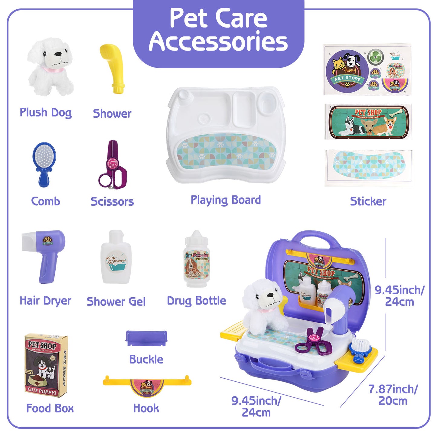 Lictin Pet Care Play Set, 16 Pcs Pretend Vet Grooming Toys with Doctor Kit for Kids, Dog Grooming Kit with Carrier Backpack for aged 3 4 5 6 7 Girls Boys Toddlers, Purple