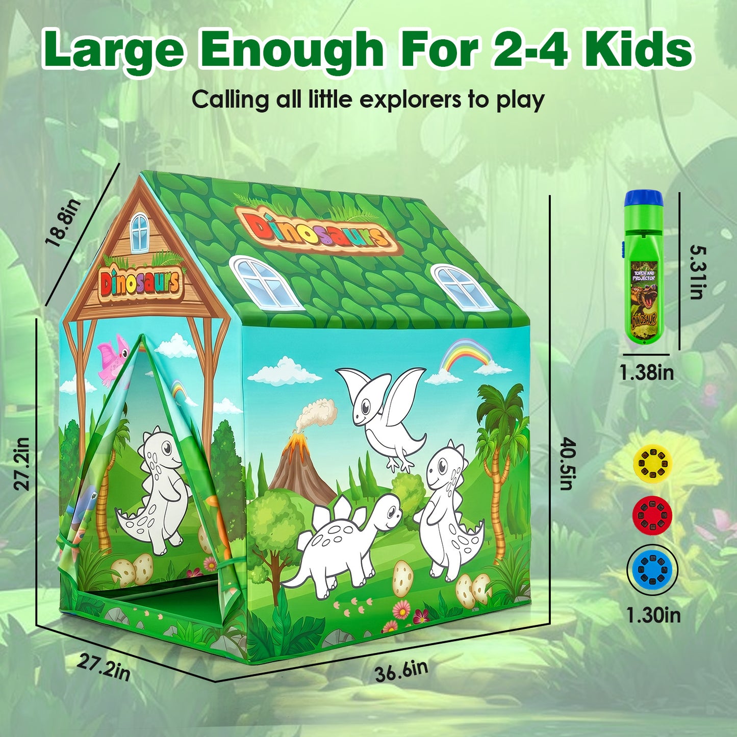 Zacro Dinosaur Play Tent for Kids, Indoor Outdoor Playhouse with Projector Flashlight & Drawing Pen, Foldable Tent Games Party Toy for Toddler Boys & Girls