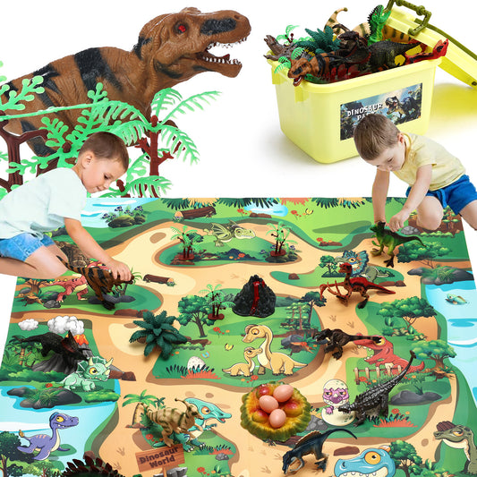 Anpro Dinosaur Toys for Kids, 43PCS Dinosaur Play Set with Play Mat, Trees, Rocks, Container, Perfect Dino World Party Favors for Age 3+ Toddlers Kids Boys Girls