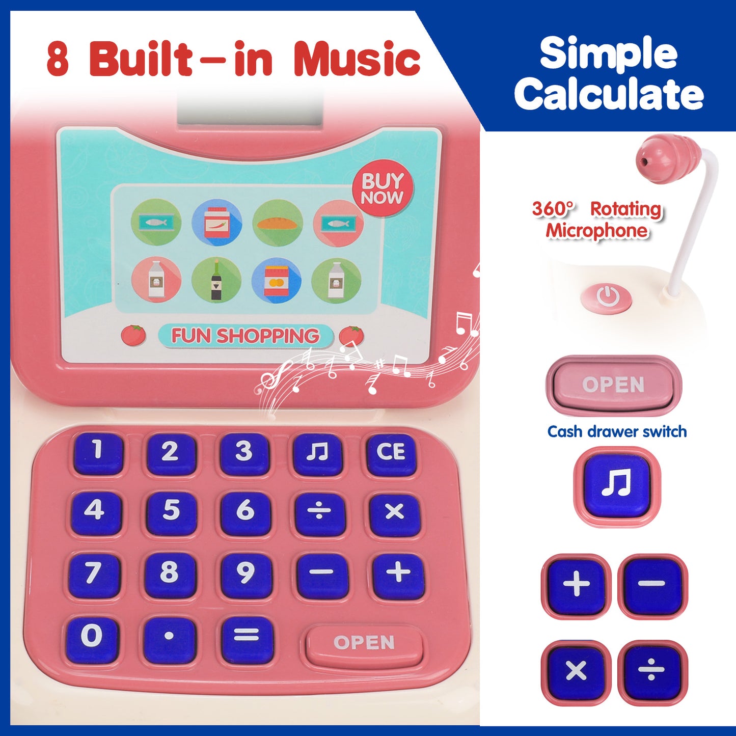 Anpro Cash Register Toys for Kids, 43PCS Pretend Play Register Kids Cashier with Sound, Microphone, Scanner, Pretend Credit Card, Play Food for Toddler Girls Boys Gifts Age 3+, Pink