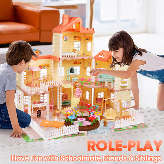 Dollhouse Playset for Girls, 3-Story 7 Rooms Pretend Play Toddler Dollhouse with Lights, Furnitures and Accessories, Gifts for Girls Aged 3 4 5 6 7 8 Years Old, Orange Pink