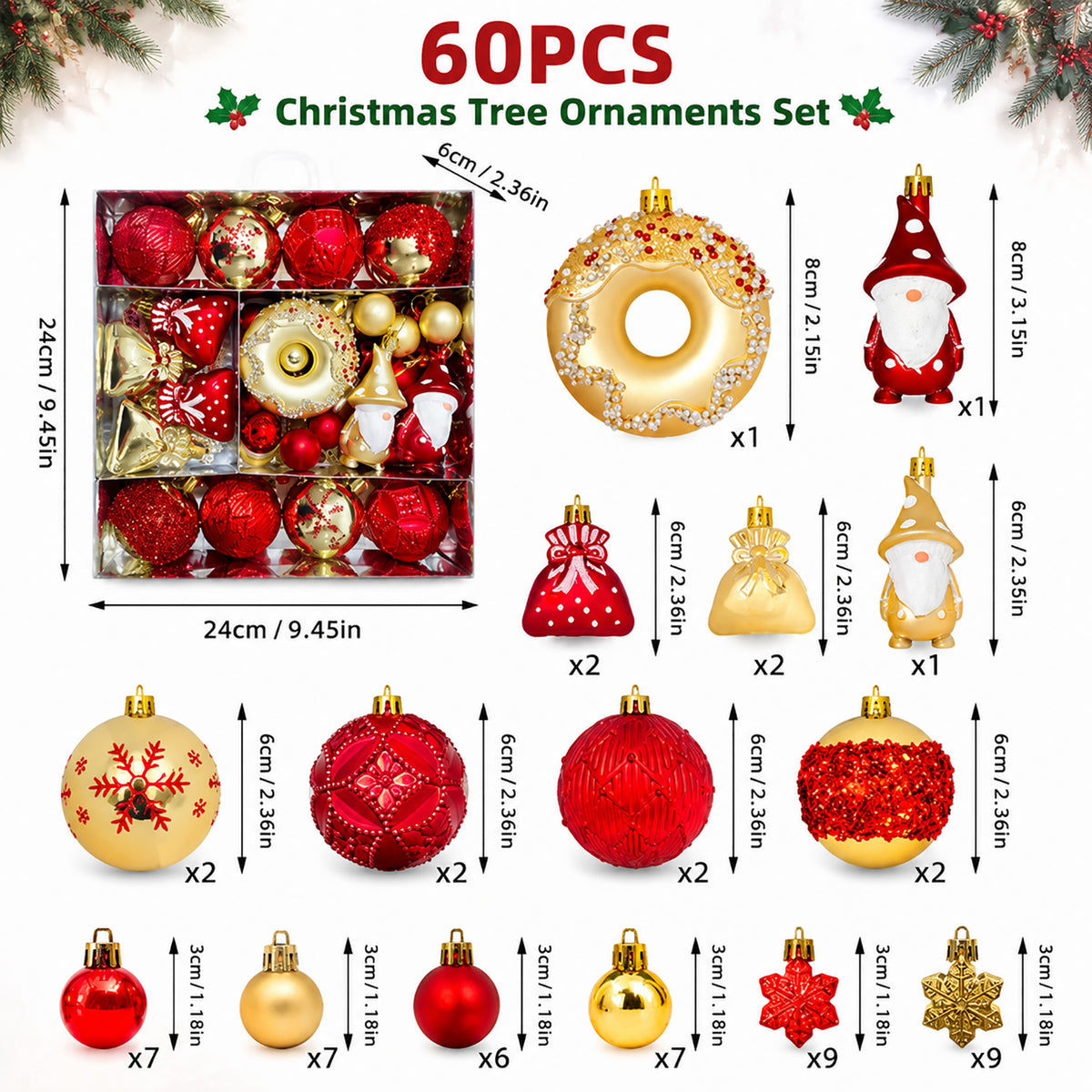 Zacro 60PCS Christmas Ornaments Set Red Gold, Shatterproof Christmas Tree Decorations Balls with Santa Snowflake Hanging Decorations, Xmas Holiday Decor for Tree Home Party
