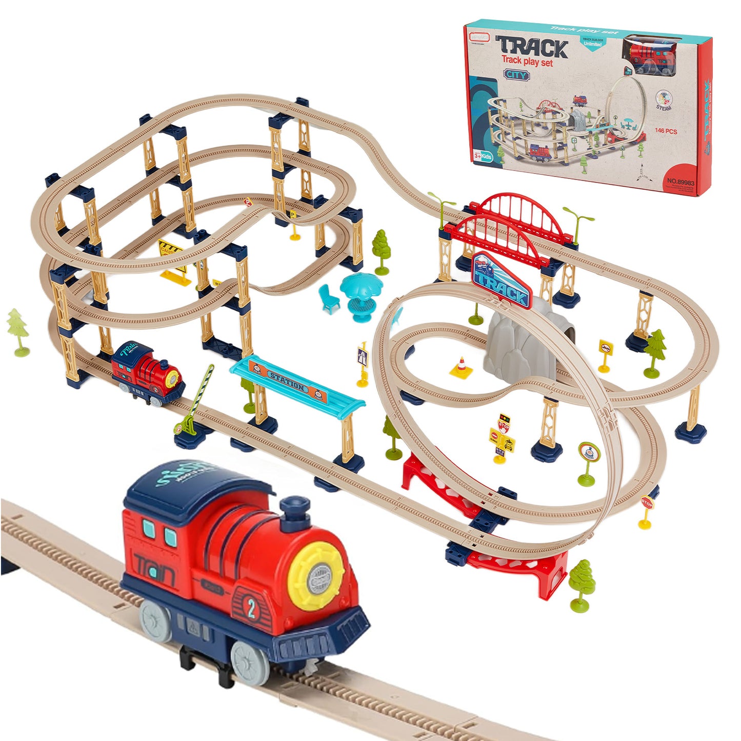 Zacro Electric Train Set for Kids, 146PCS City Theme Train Set with Train, Bridge & Signs, Loop Train Tracks Toys Gift for Boys and Girls 3 4 5 6 7 Year Old
