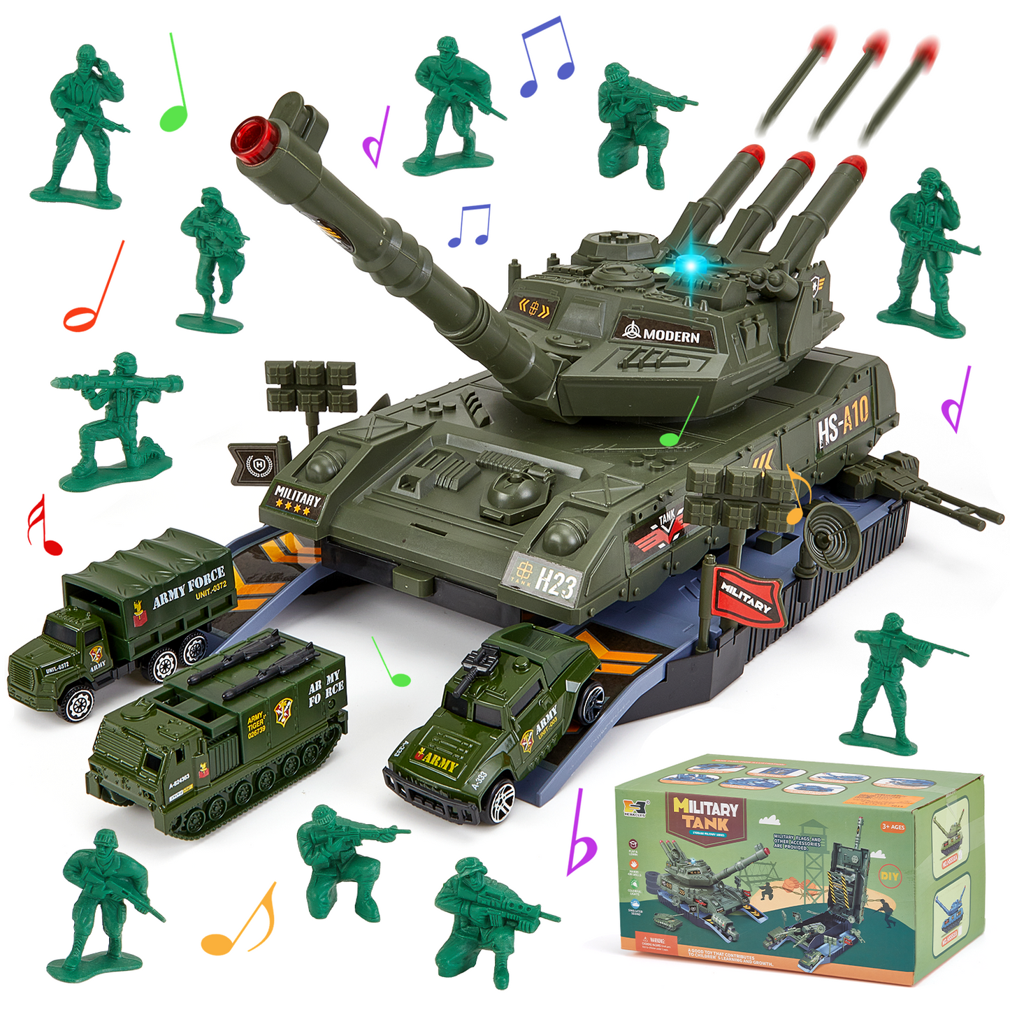 Zacro Tank Toys Playset, Army Toy Tank with Lights & Sound, 3 Army Vehicles Trucks, 10 Army Men, Toy Gifts for Toddler Kids Boys Ages 3+