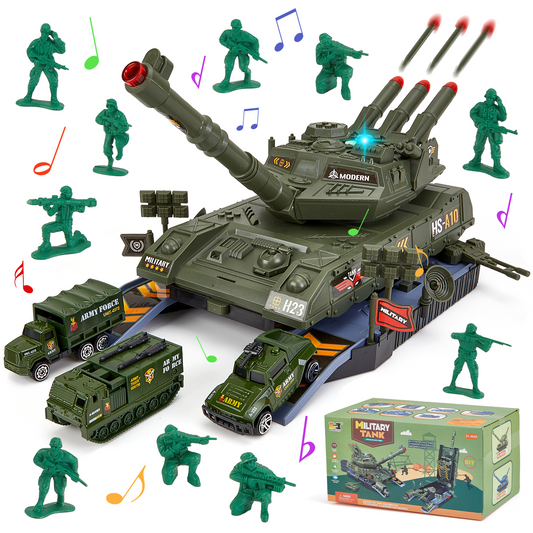 Zacro Tank Toys Playset, Army Toy Tank with Lights & Sound, 3 Army Vehicles Trucks, 10 Army Men, Toy Gifts for Toddler Kids Boys Ages 3+