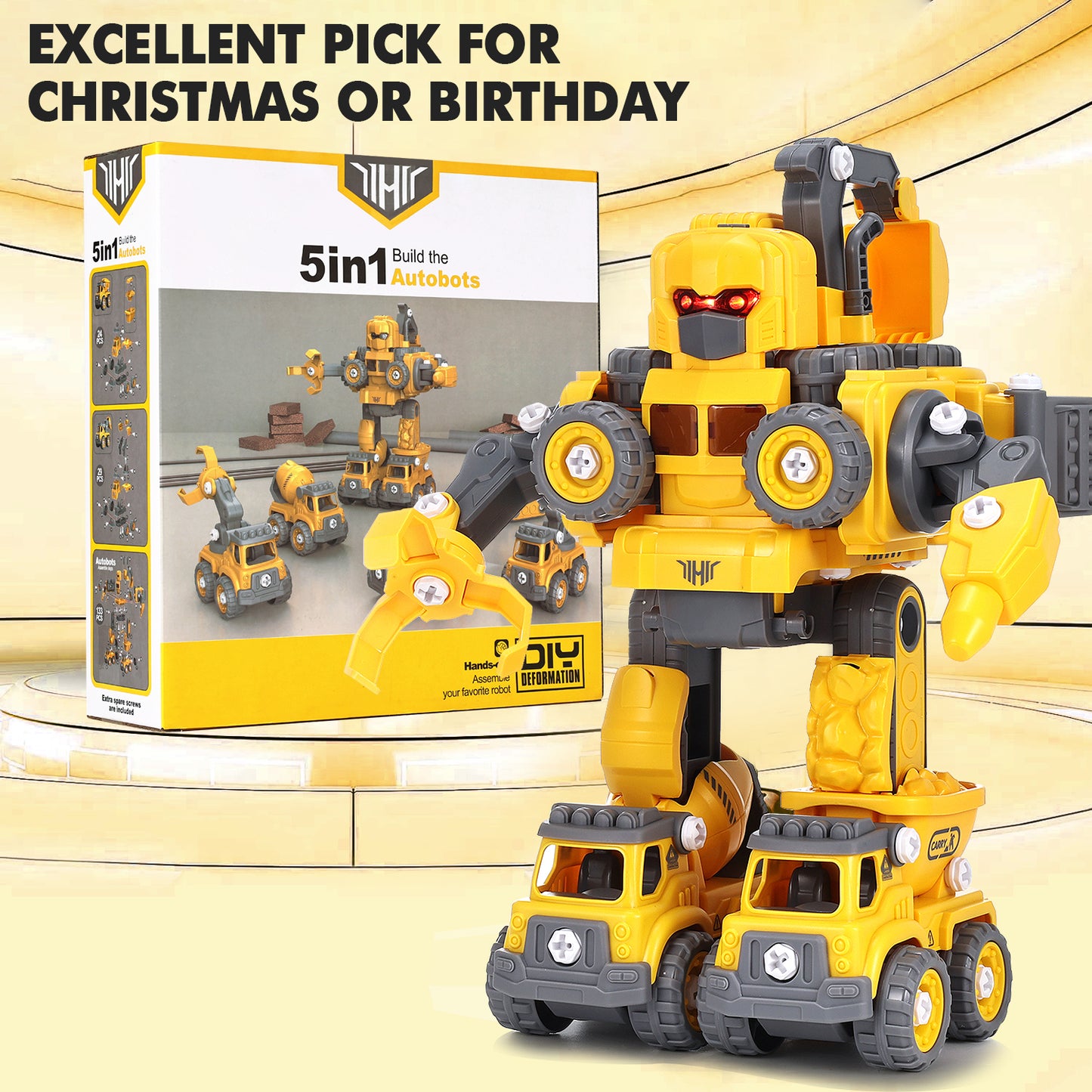 Anpro 5 in 1 Robot Construction Vehicles Set Toy for Toddler, Construction Vehicles Transform Robots Toys with Light for Kids, Assemble Building Trucks DIY Toy for Boys Girl 3+ Year
