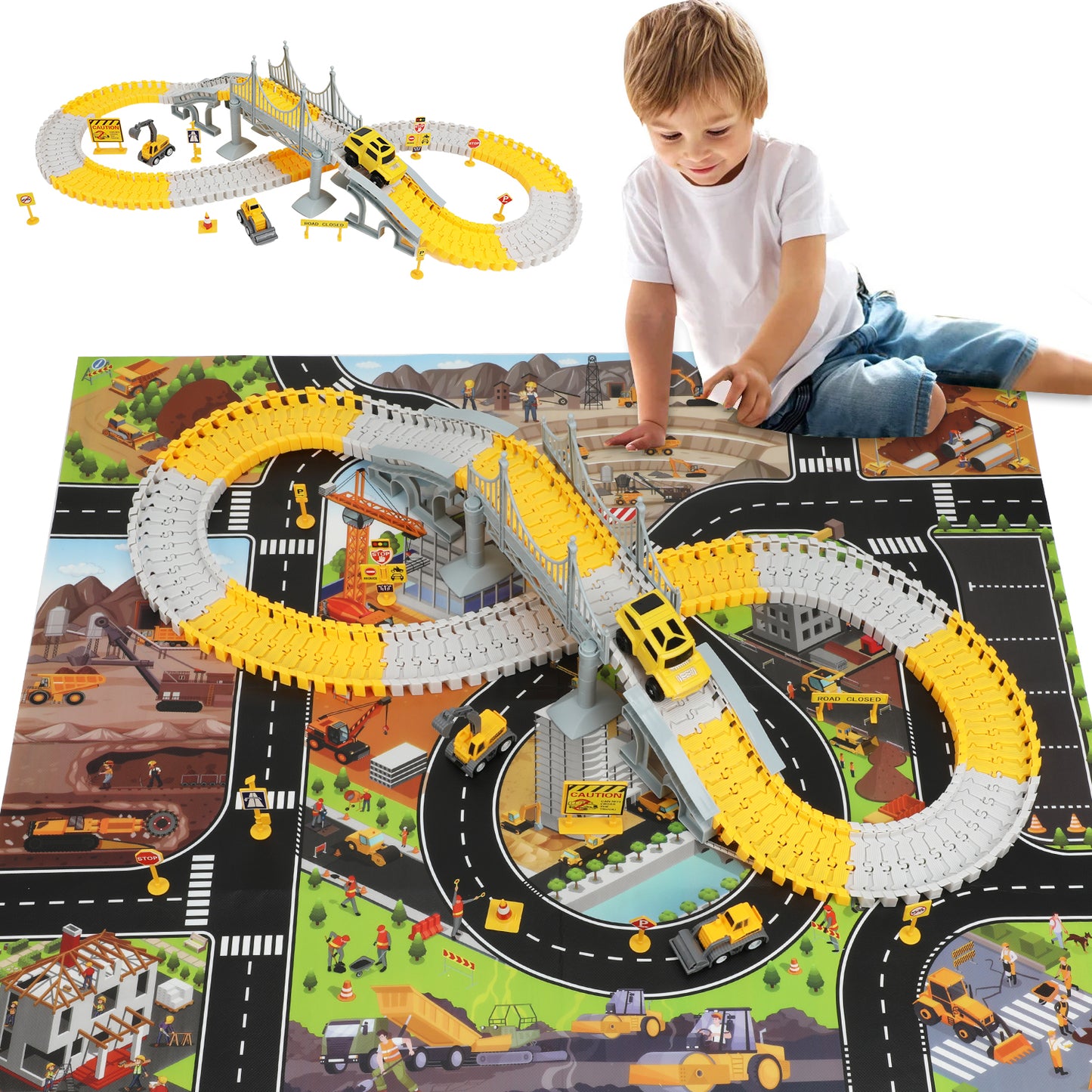 Zacro Construction Toys Race Track Set for Kids, 180 PCS Race Car Track Vehicle Set, Create A Engineering Road Games Toys Flexible Construction Car Track Playset for Boys Age 3+