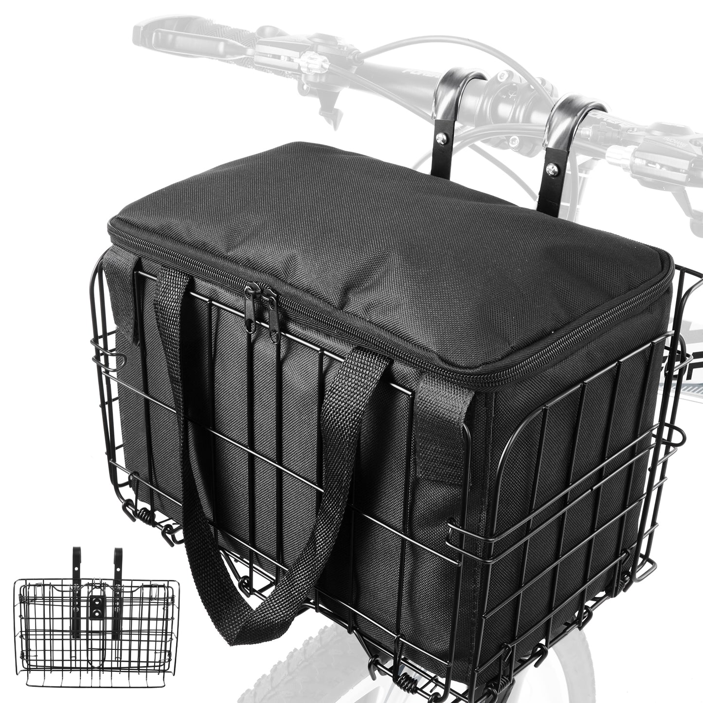 Zacro Bike Basket Front, Folding Bicycle Basket with Removable Liner Bag, Large Quick Release Design Metal bike Basket for Carrying Dogs, Pets, Fruit & Grocery
