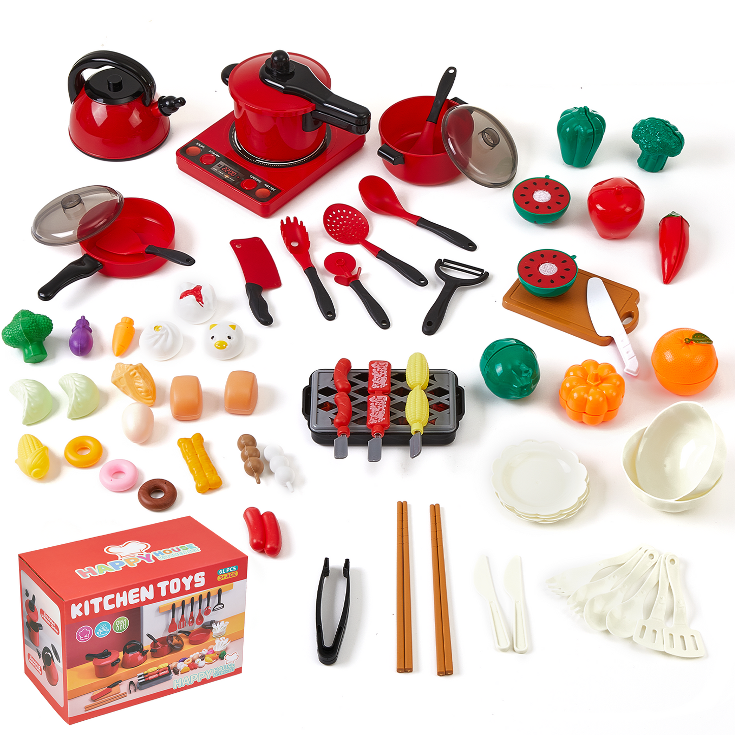Gleamkid Kids Pretend Play Kitchen Accessories, 61pcs Kitchen Playset, Pretend Cooking Play Pots with Pans, Pot and Utensils, Preschool Learning Education Toys for Toddler Boys Girls