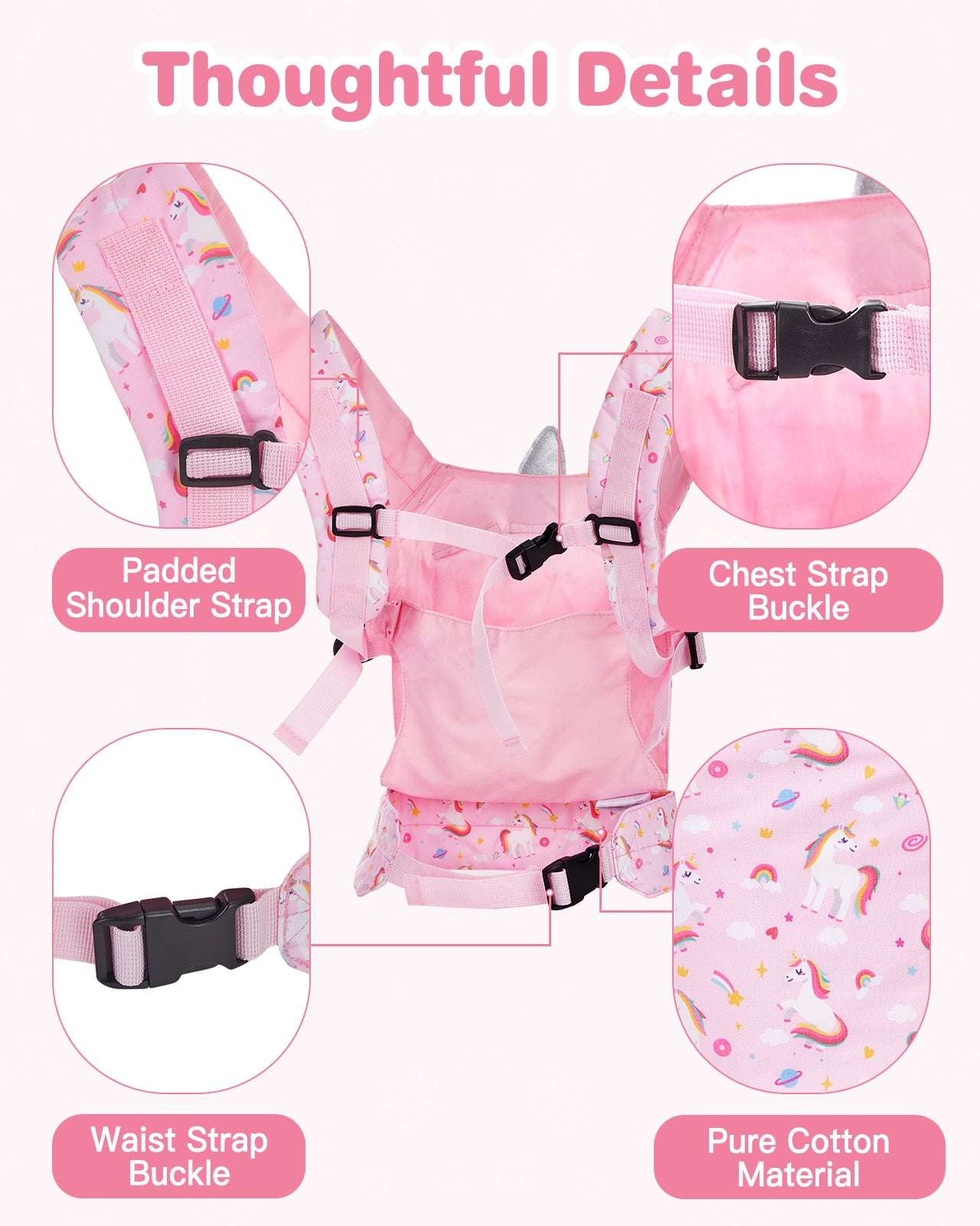 Lictin Baby Doll Carrier for Kids, Front and Back Doll Accessories Carrier with Adjustable Straps for Little Girls, Doll Carrier for Stuffed Animal Baby Doll, Pink