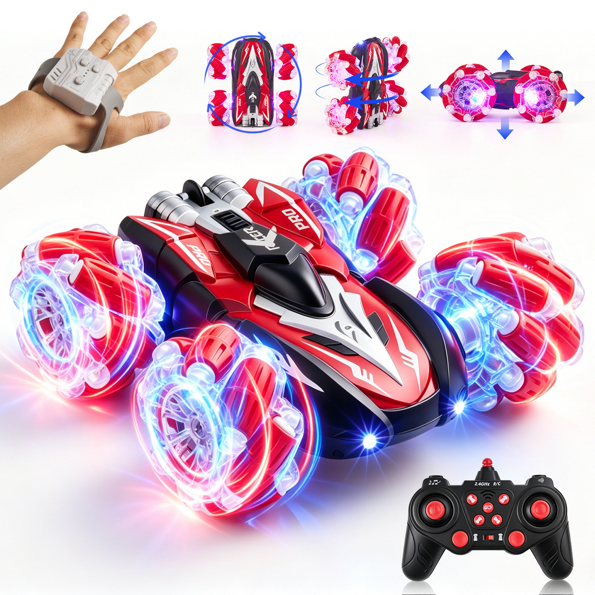 RC Car, 4WD RC Gesture Stunt Car, 360° Rotating Race Car with Cool Lights, 2.4GHz Remote Control Cars Toys for Kids Ages 6-12, Red