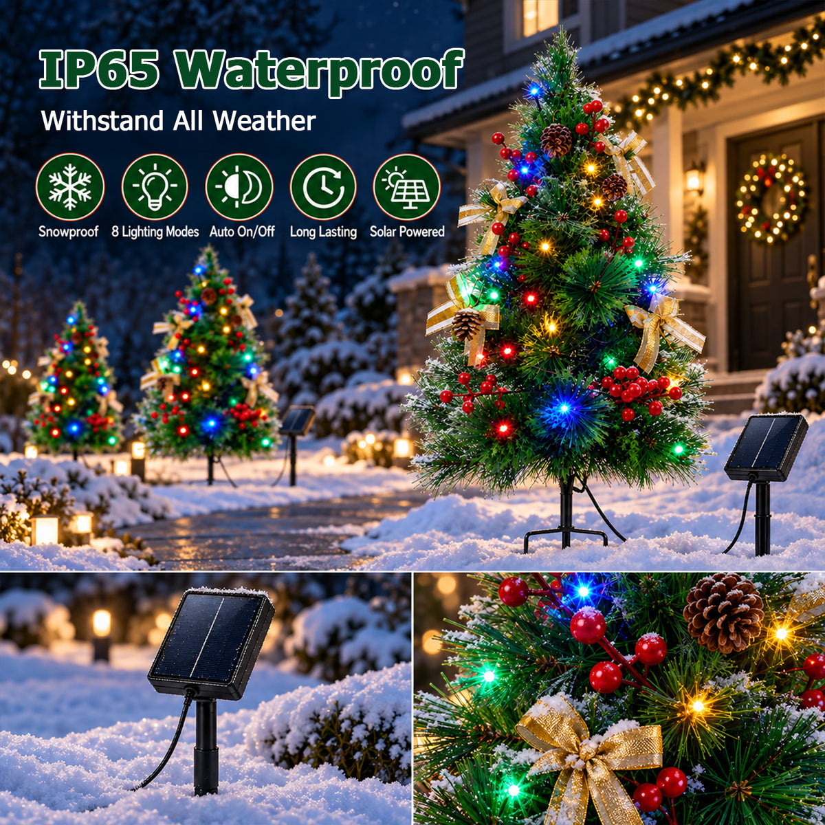 Lictin 2 Pack 30 Inch Solar Christmas Trees, Pre-Lit Artificial Christmas Trees with 60 LED Lights, 8 Modes and 26 Ornaments, Waterproof Outdoor Holiday Decorations for Yard, Porch & Garden