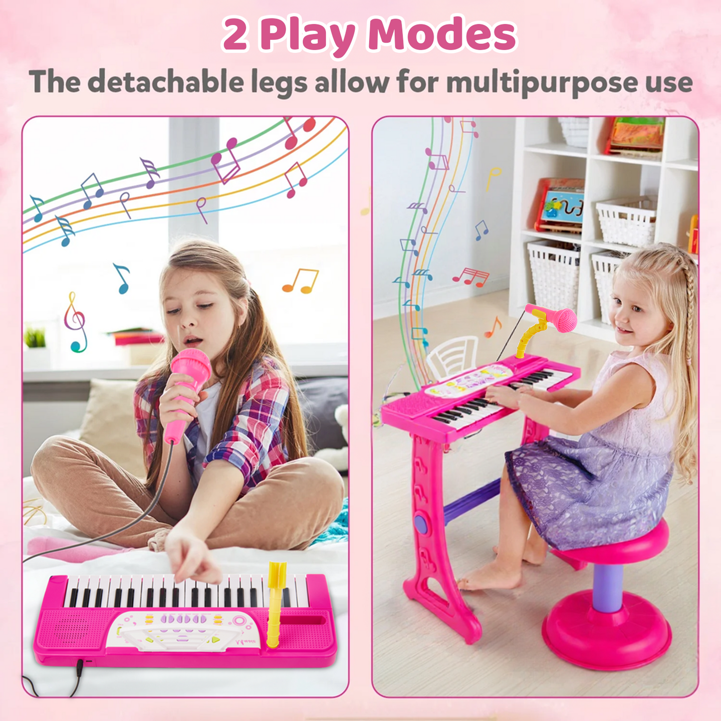 Petbank 37-Key Kids Piano Keyboard Toy, Kids Electronic Piano with Microphone, Stool, 8 Instrument Sounds Piano Toy Gift for Girls, Pink