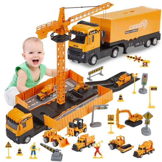 Anpro Construction Vehicles Toy Playset for Boys, Construction Truck with 6 Alloy Cars and Tower Crane, Bounce launch, Truck Car Toys for 3+ Boys Gifts