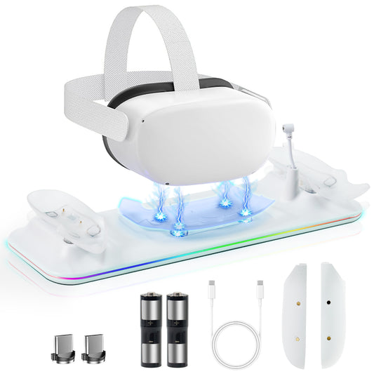 Charging Dock for Meta Quest 3, Fast Charging Magnetic Stand for VR Oculus Quest 3, with LED Light, with 2 Rechargeable 1200mAh Batteries, White